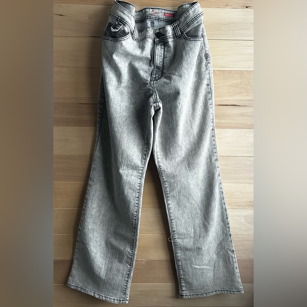 STYLE & CO Size 16 Women's Light Gray Flare Jeans Stretch Bootcut Embellishment